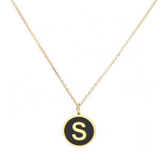 Picture of 316 Stainless Steel Necklace Gold Plated Black Round Initial Alphabet/ Capital Letter Message " S " Enamel 45cm(17 6/8") long, 1 Piece