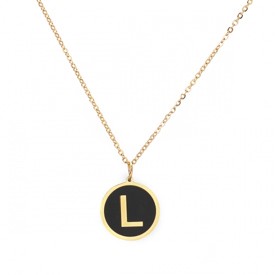 Picture of 316 Stainless Steel Necklace Gold Plated Black Round Initial Alphabet/ Capital Letter Message " L " Enamel 45cm(17 6/8") long, 1 Piece