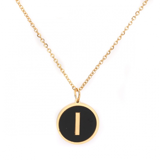 Picture of 316 Stainless Steel Necklace Gold Plated Black Round Initial Alphabet/ Capital Letter Message " I " Enamel 45cm(17 6/8") long, 1 Piece