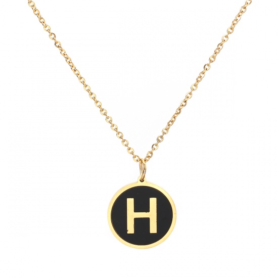 Picture of 316 Stainless Steel Necklace Gold Plated Black Round Initial Alphabet/ Capital Letter Message " H " Enamel 45cm(17 6/8") long, 1 Piece