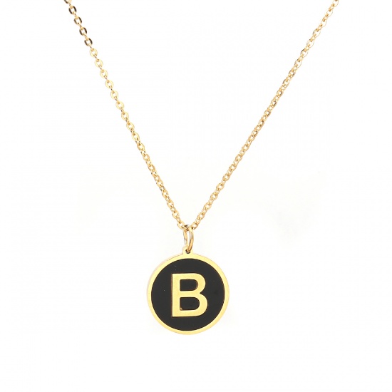 Picture of 316 Stainless Steel Necklace Gold Plated Black Round Initial Alphabet/ Capital Letter Message " B " Enamel 45cm(17 6/8") long, 1 Piece