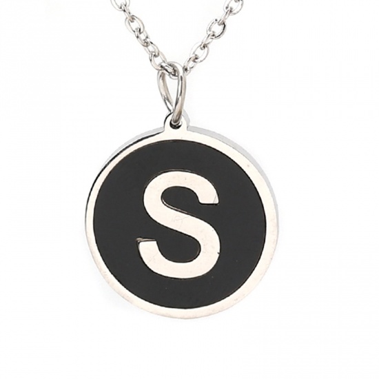 Picture of 316 Stainless Steel Necklace Silver Tone Black Round Initial Alphabet/ Capital Letter Message " S " Enamel 44.5cm(17 4/8") long, 1 Piece