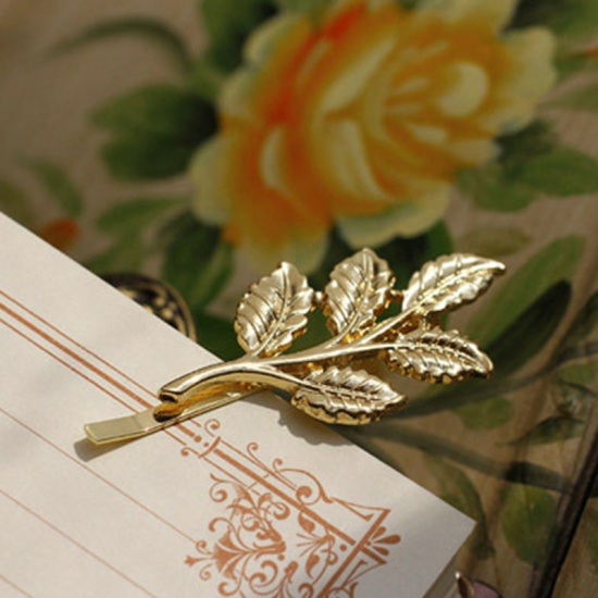 Picture of Pastoral Style Hair Clips Gold Plated Leaf 6.5cm, 1 Piece