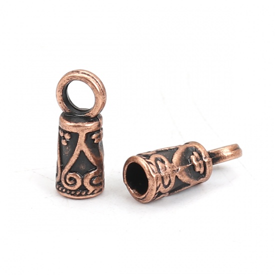 Picture of Zinc Based Alloy Cord End Caps Cylinder Antique Copper Carved (Fits 3.6mm Cord) 14mm x 6mm, 100 PCs