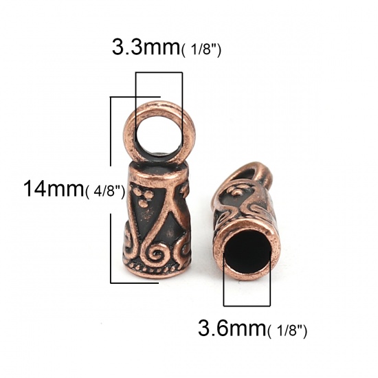 Picture of Zinc Based Alloy Cord End Caps Cylinder Antique Copper Carved (Fits 3.6mm Cord) 14mm x 6mm, 100 PCs