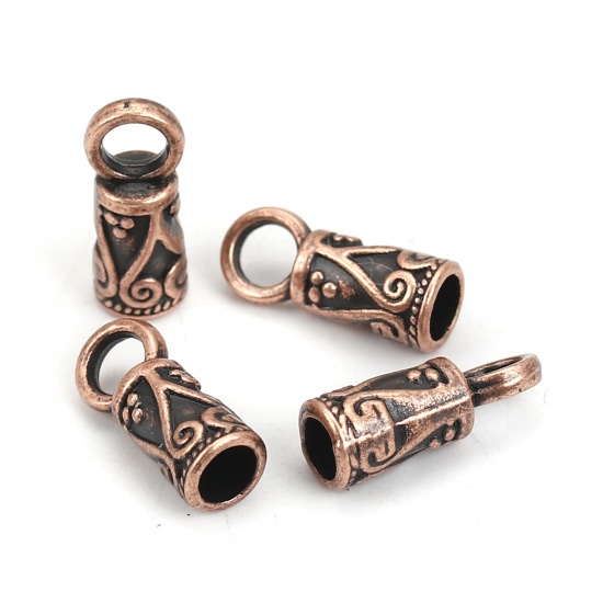 Picture of Zinc Based Alloy Cord End Caps Cylinder Antique Copper Carved (Fits 3.6mm Cord) 14mm x 6mm, 100 PCs