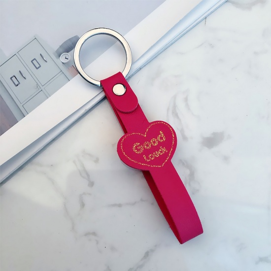 Bild von PU Schlüsselkette & Schlüsselring Silberfarbe Rot Herz Message " Good Louck " 12.5cm x 1.3cm, 5 Stück
