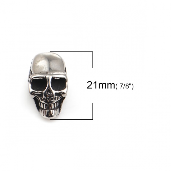 Immagine di 316 Acciaio inossidabile Colata Perline Cranio Argento Antico 21mm x 11mm, Buco: Circa 5.1mm, 1 Pz