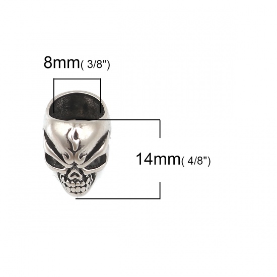 Immagine di 316 Acciaio inossidabile Colata Perline Cranio Argento Antico 14mm x 11mm, Buco: Circa 8.5mm x 8mm, 1 Pz
