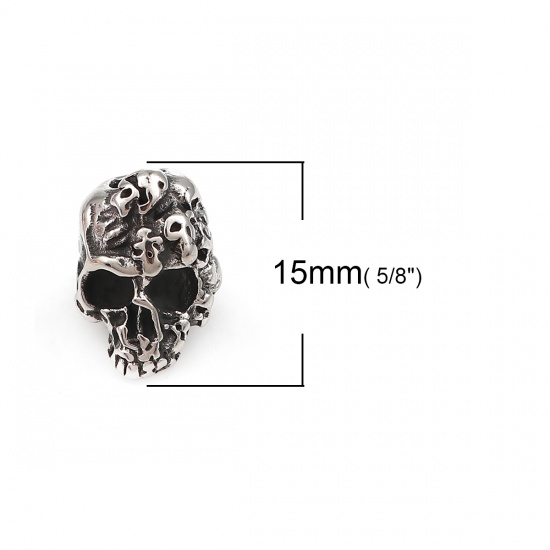 Immagine di 316 Acciaio inossidabile Colata Perline Cranio Argento Antico 15mm x 11mm, Buco: Circa 4.1mm, 1 Pz