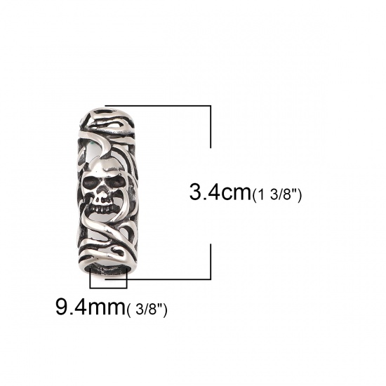 Immagine di 316 Acciaio inossidabile Colata Perline Cilindrico Argento Antico Cranio Filigrana 3.4cm x 1.3cm, Buco: Circa 9.4mm, 1 Pz