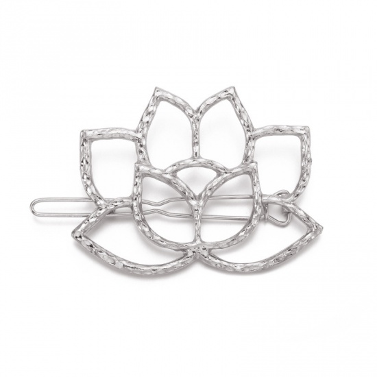 Picture of Hair Clips Silver Plated Lotus Flower 6.1cm x 4cm, 2 PCs