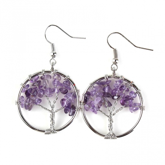 Picture of February Birthstone - Crystal ( Natural ) Earrings Silver Tone Purple Round Tree 30mm x 30mm, 1 Pair