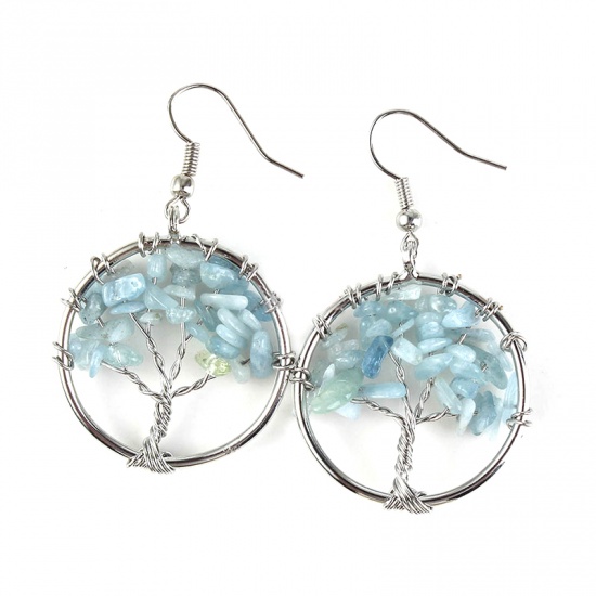 Picture of March Birthstone - Aquamarine ( Natural ) Earrings Silver Tone Blue Round Tree 30mm x 30mm, 1 Pair