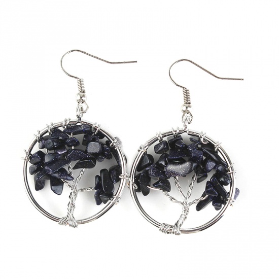 Picture of Blue Sand Stone ( Synthetic ) Earrings Silver Tone Deep Blue Round Tree 30mm x 30mm, 1 Pair