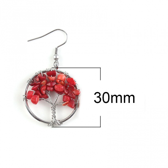 Picture of Coral ( Natural ) Earrings Silver Tone Red Round Tree 30mm x 30mm, 1 Pair