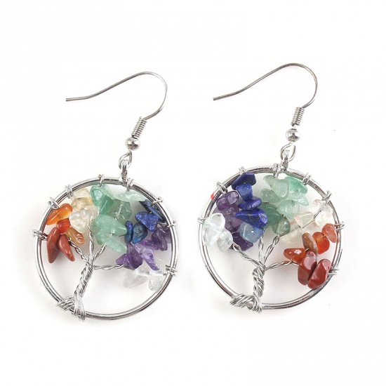Picture of Stone ( Natural ) Earrings Silver Tone Multicolor Round Tree 30mm x 30mm, 1 Pair
