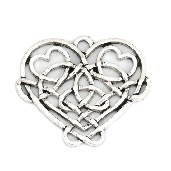 Picture of Zinc Based Alloy Celtic Knot Pendants Heart Antique Silver Color Hollow 31mm(1 2/8") x 26mm(1"), 10 PCs