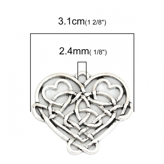 Picture of Zinc Based Alloy Celtic Knot Pendants Heart Antique Silver Color Hollow 31mm(1 2/8") x 26mm(1"), 10 PCs