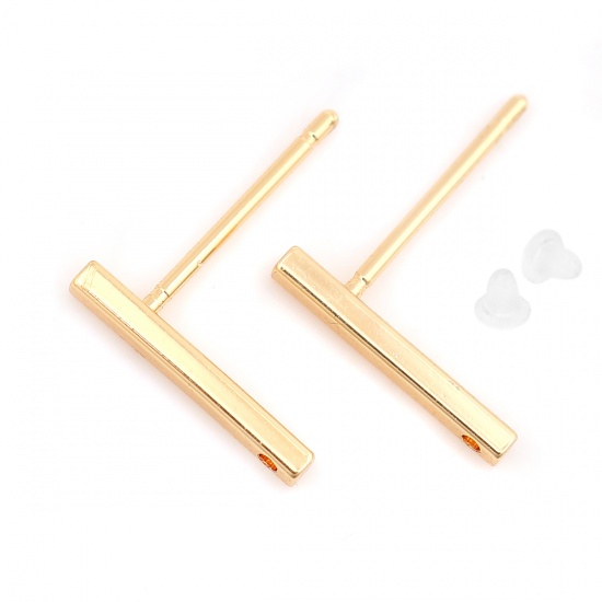 Picture of Brass Ear Post Stud Earrings 18K Real Gold Plated Rectangle W/ Loop 13mm x 2mm, Post/ Wire Size: (19 gauge), 200 PCs