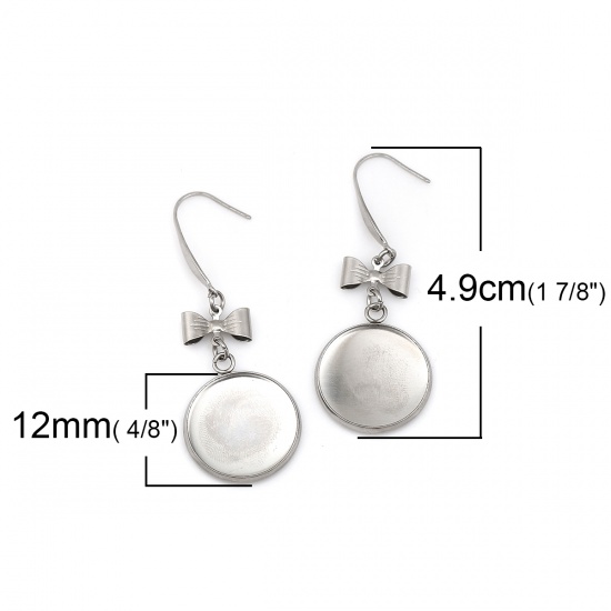 Picture of 316 Stainless Steel Earrings Bowknot Silver Tone Round Cabochon Settings (Fits 12mm Dia.) 49mm(1 7/8") x 14mm( 4/8"), Post/ Wire Size: (21 gauge), 10 PCs