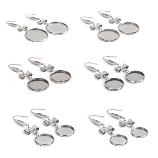 Picture of 316 Stainless Steel Earrings Bowknot Silver Tone Round Cabochon Settings (Fits 14mm Dia.) 50mm(2") x 16mm( 5/8"), Post/ Wire Size: (21 gauge), 6 PCs