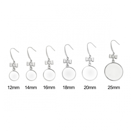 Picture of 316 Stainless Steel Earrings Bowknot Silver Tone Round Cabochon Settings (Fits 14mm Dia.) 50mm(2") x 16mm( 5/8"), Post/ Wire Size: (21 gauge), 6 PCs