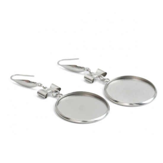 Picture of 316 Stainless Steel Earrings Bowknot Silver Tone Round Cabochon Settings (Fits 18mm Dia.) 55mm(2 1/8") x 20mm( 6/8"), Post/ Wire Size: (21 gauge), 6 PCs