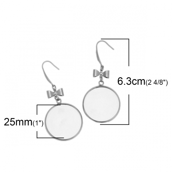 Picture of 316 Stainless Steel Earrings Bowknot Silver Tone Round Cabochon Settings (Fits 25mm Dia.) 63mm(2 4/8") x 27mm(1 1/8"), Post/ Wire Size: (21 gauge), 6 PCs