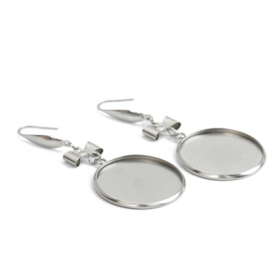 Picture of 316 Stainless Steel Earrings Bowknot Silver Tone Round Cabochon Settings (Fits 25mm Dia.) 63mm(2 4/8") x 27mm(1 1/8"), Post/ Wire Size: (21 gauge), 6 PCs