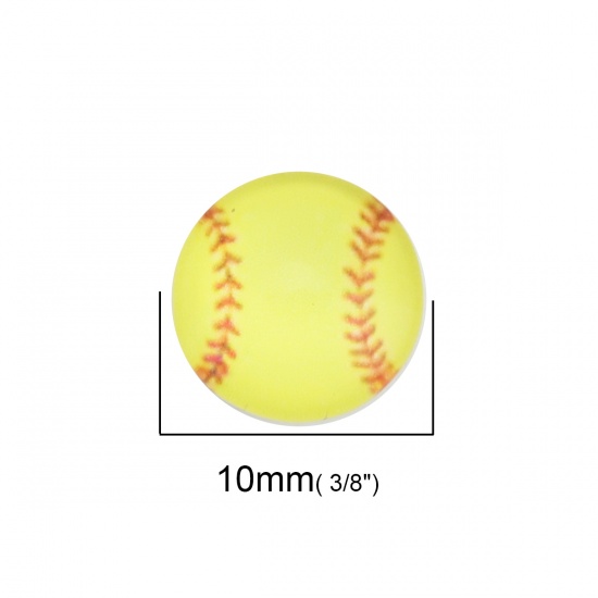Picture of Glass Dome Seals Cabochon Round Flatback Yellow Softball Pattern 10mm( 3/8") Dia, 40 PCs