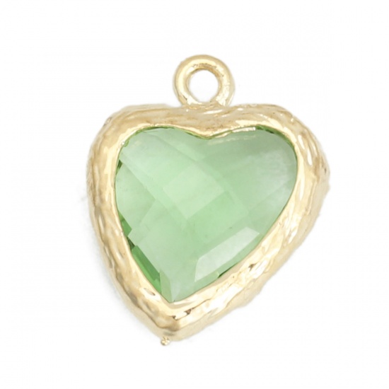 Picture of Zinc Based Alloy & Glass Charms Heart Gold Plated Light Green Faceted 18mm x 14mm - 17mm x 14mm, 5 PCs