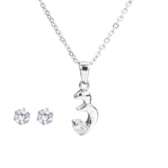 Picture of 304 Stainless Steel Jewelry Necklace Earrings Set Silver Tone 3 shape Clear Cubic Zirconia 44.8cm(17 5/8") long, 5mm( 2/8") Dia., Post/ Wire Size: (20 gauge), 1 Set