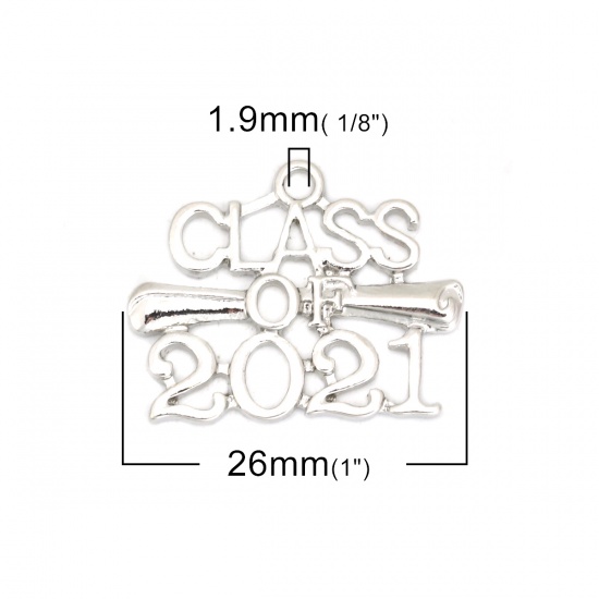 Picture of Zinc Based Alloy Charms Irregular Silver Tone Message " CLASS OF 2021 " 26mm x 20mm, 10 PCs