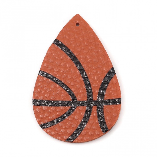 Image de Pendentifs Sport en PU Goutte d'Eau Orange Basketball 5.7cm x 3.8cm, 5 Pcs