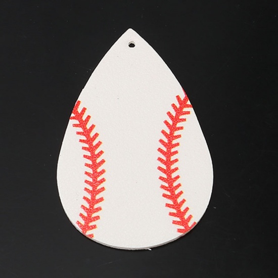 Picture of PU Leather Sport Pendants Drop White Baseball 5.7cm x 3.8cm, 5 PCs