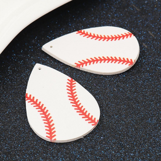 Picture of PU Leather Sport Pendants Drop White Baseball 5.7cm x 3.8cm, 5 PCs