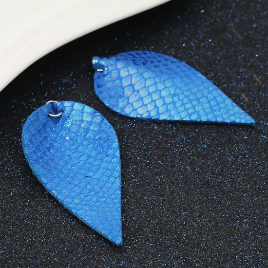 Picture of PU Leather Pendants Leaf Blue AB Color 6.4cm x 3.4cm, 5 PCs