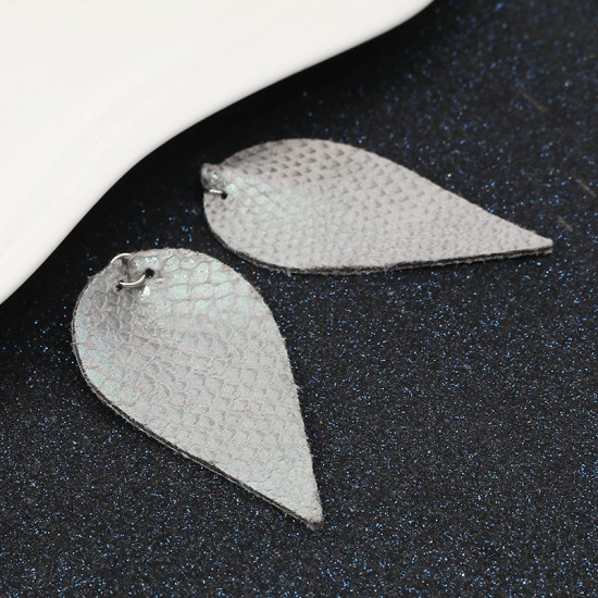 Picture of PU Leather Pendants Leaf Gray AB Color 6.4cm x 3.4cm, 5 PCs