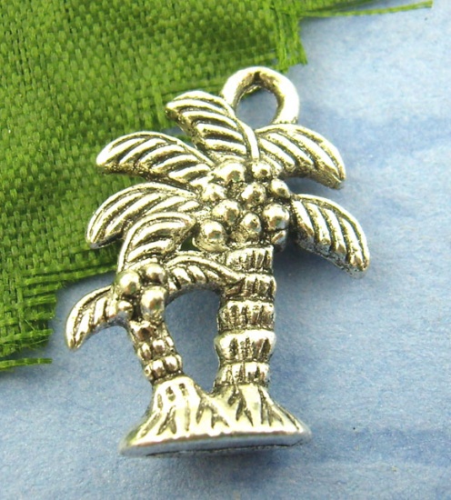 Picture of 40PCs Antique Silver Color Coconut Palm Charms Pendants 18x13mm