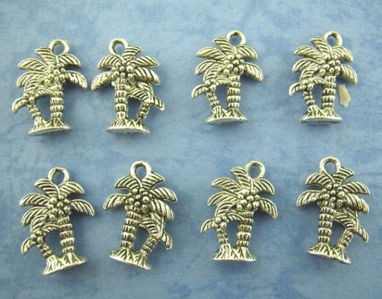 Picture of 40PCs Antique Silver Color Coconut Palm Charms Pendants 18x13mm