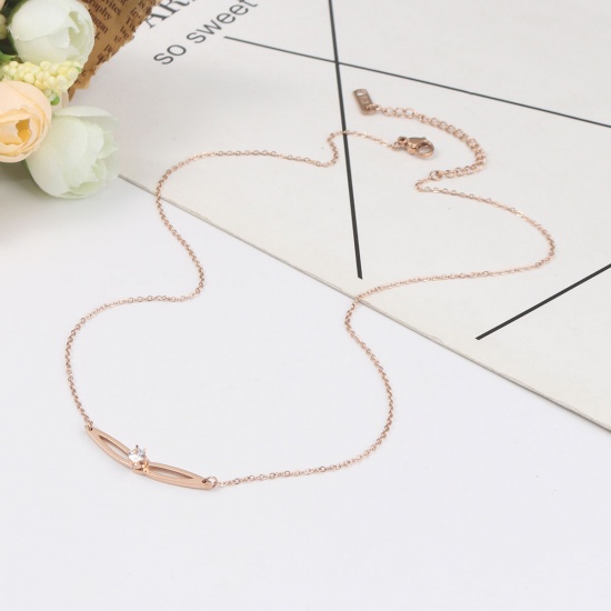 Picture of 316 Stainless Steel Necklace Rose Gold Leaf Clear Rhinestone 40cm(15 6/8") long, 1 Piece