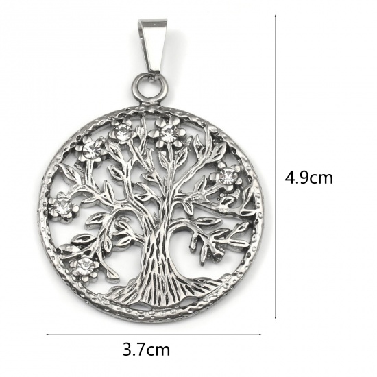 Picture of 316 Stainless Steel Pendants Round Antique Silver Tree Hollow Clear Rhinestone 53mm x 37mm, 1 Piece