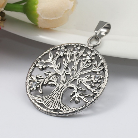 Picture of 316 Stainless Steel Pendants Round Antique Silver Tree Hollow Clear Rhinestone 53mm x 37mm, 1 Piece