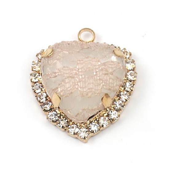 Bild von Messing & Acryl Charms Herz Vergoldet Hellrosa Spitze Transparent Strass 23mm x 20mm, 3 Stück