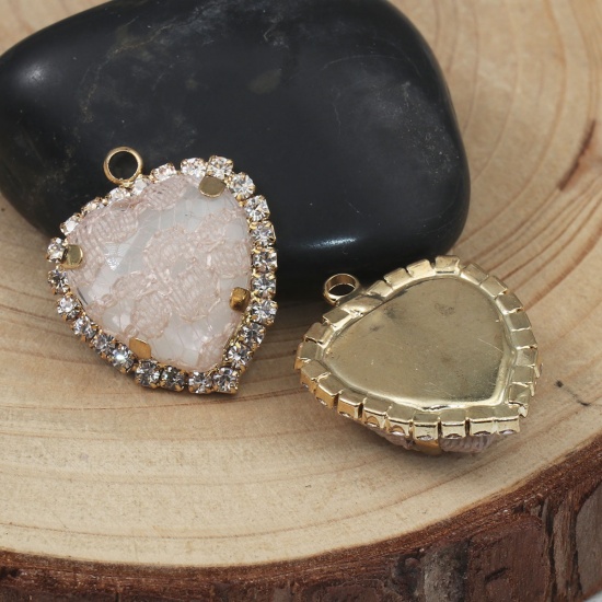 Bild von Messing & Acryl Charms Herz Vergoldet Hellrosa Spitze Transparent Strass 23mm x 20mm, 3 Stück