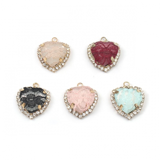 Bild von Messing & Acryl Charms Herz Vergoldet Hellrosa Spitze Transparent Strass 23mm x 20mm, 3 Stück