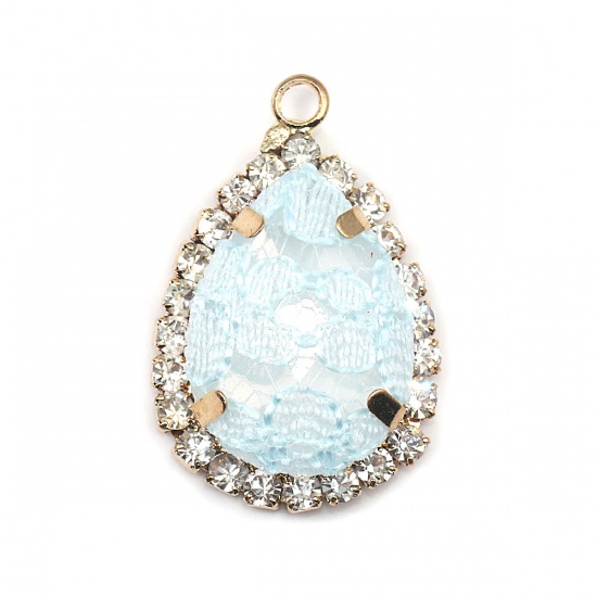 Immagine di Ottone & Acrilico Charms Goccia Oro Placcato Menta Verde Pizzo Trasparente Strass 26mm x 17mm, 3 Pz