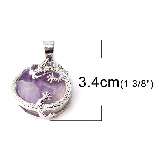Picture of Crystal ( Natural ) Charms Purple Round Dragon 3.4cm x 2.3cm, 1 Piece