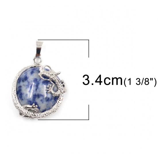 ストーン ( 天然 ) チャーム 白 + 青 円形 ドラゴン 3.4cm x 2.3cm、 1 個 の画像